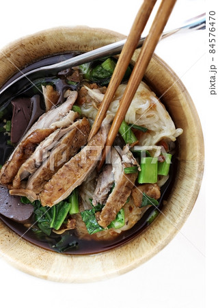 Duck noodle in soup of Asia food isolated white background 84576470