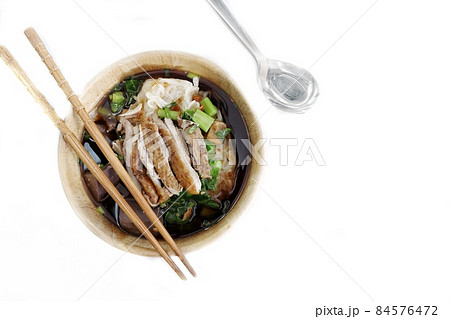 Duck noodle in soup of Asia food isolated white background 84576472