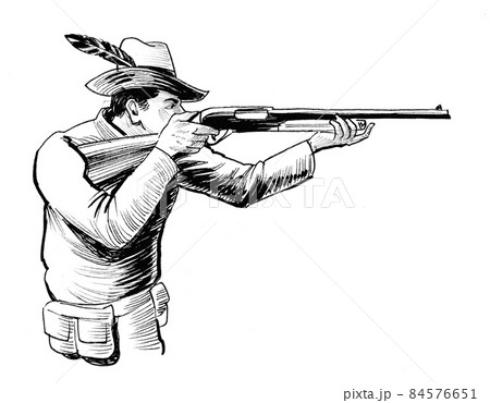 Hunter shooting with rifle. Ink black and white... - Stock Illustration  [84576651] - PIXTA