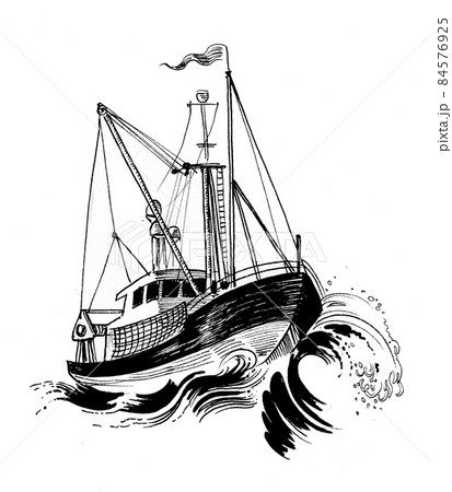 Fishing trawler in the sea. Ink black and white - Stock