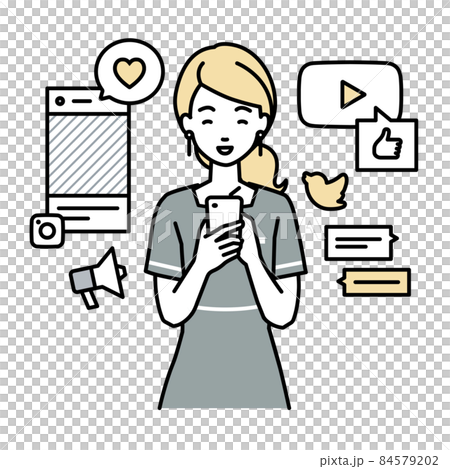 A female beauty salon clerk who stands up and interacts happily on various SNS with a smartphone A female beauty salon clerk who stands up and interacts happily on various SNS with a smartphone 84579202