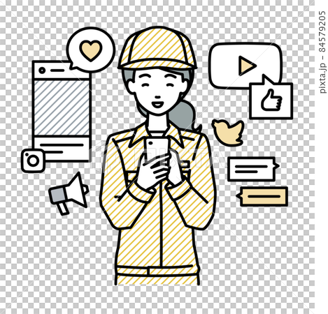 A female worker who stands up and interacts happily on various SNS with a smartphone 84579205