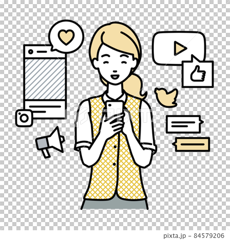 A woman in a clerk uniform who stands up and interacts happily on various SNS with a smartphone 84579206