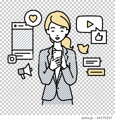 A woman in a suit who stands up and enjoys interacting with various SNS on her smartphone A woman in a suit who stands up and enjoys interacting with various SNS on her smartphone 84579207