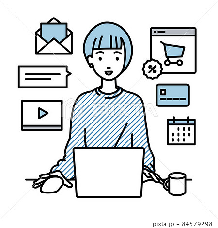 デスクで座ってpcでネットショップやマーケティングの仕事をしているリモートワークの女性のイラスト素材