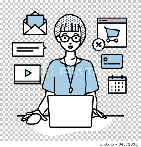 デスクで座ってPCでネットショップやマーケティングの仕事をしている教師の女性 84579306