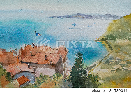 南フランスの小さな村エズ 水彩画 風景画 南フランスの小さな村エズ 水彩画 風景画 84580011