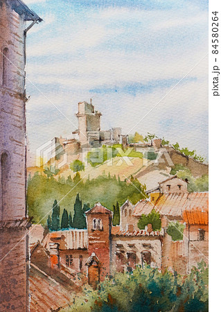 南フランスの小さな村 水彩画 風景画のイラスト素材 [84580264