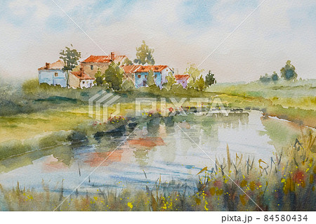 ヨーロッパの小さな村 水彩画 風景画のイラスト素材