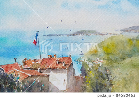 南フランスの小さな村エズ 水彩画 風景画のイラスト素材