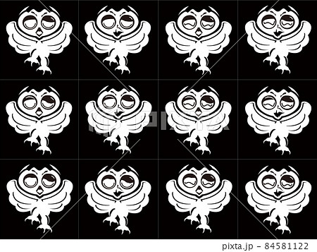 様々な表情をしたキャラクター化したフクロウのモノクロシルエットイラスト画集のイラスト素材