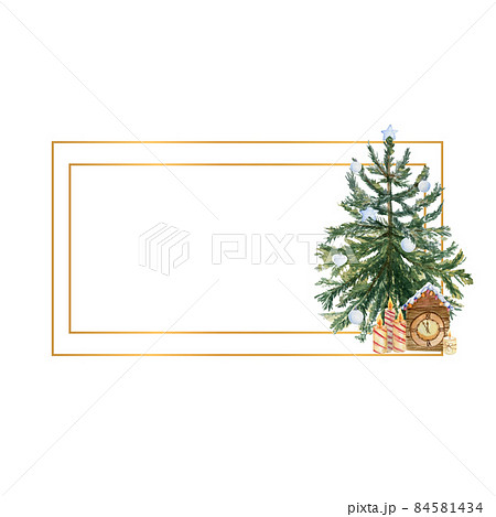 Geometric gold frame with a Christmas tree, candles, holly flowers and winter decor. Watercolor illustration 84581434