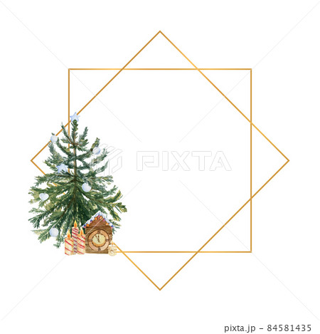 Geometric gold frame with a Christmas tree, candles, holly flowers and winter decor. Watercolor illustration 84581435