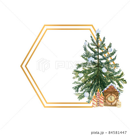 Geometric gold frame with a Christmas tree, candles, holly flowers and winter decor. Watercolor illustration 84581447