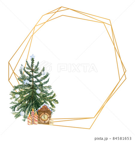 Geometric gold frame with a Christmas tree, candles, holly flowers and winter decor. Watercolor illustration Geometric gold frame with a Christmas tree, candles, holly flowers and winter decor. Watercolor illustration 84581653