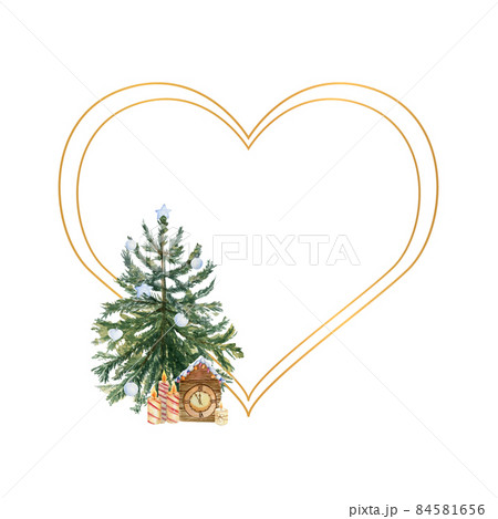 Geometric gold frame with a Christmas tree, candles, holly flowers and winter decor. Watercolor illustration 84581656