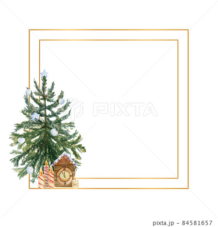 Geometric gold frame with a Christmas tree, candles, holly flowers and winter decor. Watercolor illustration 84581657