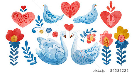 Folklore set with swan, pigeons, hearts, flowers, twigs. Set for Valentine's. Folklore set with swan, pigeons, hearts, flowers, twigs. Set for Valentine's. 84582222