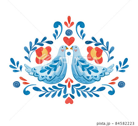 Symmetrical composition with doves, flowers and hearts on the theme of valentines day. 84582223