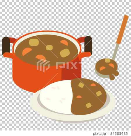 カレーライスと鍋、お玉のイラスト　ベクターイラスト 84583485