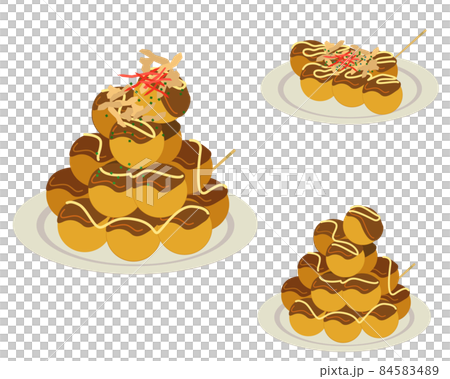 皿にのせたタコ焼きと大盛りセット　ベクターイラスト 84583489