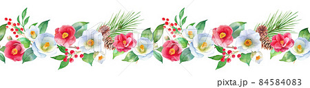 紅白の椿のお正月飾りの水彩イラスト。横ライン装飾。シームレスパターン。 84584083