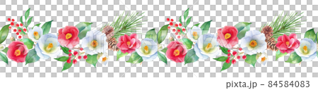 紅白の椿のお正月飾りの水彩イラスト。横ライン装飾。シームレスパターン。 84584083