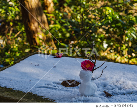 少ない雪で作った小さい雪だるまに衣装を着せて 84584845