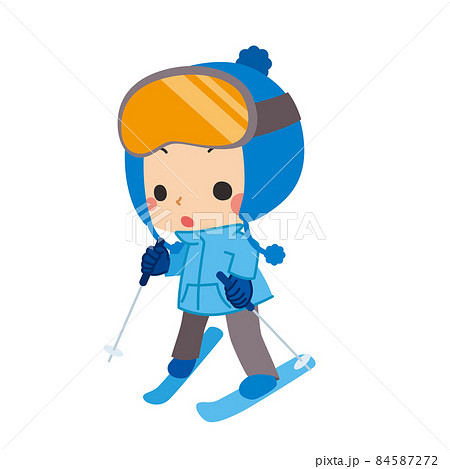 スキーを滑って遊んでいる可愛い小さな男の子のイラスト 白背景 クリップアートのイラスト素材