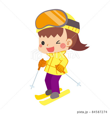スキーを滑って遊んでいる可愛い小さな女の子のイラスト 白背景 クリップアートのイラスト素材