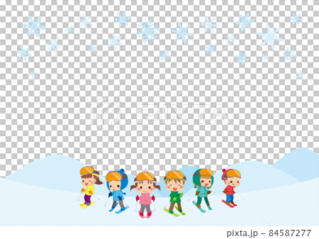 雪降るゲレンデでスキーを楽しむ可愛い小さな子供たちのイラスト　テンプレート　コピースペース 84587277