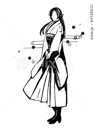 袴姿に女性と桜模様のイラスト素材