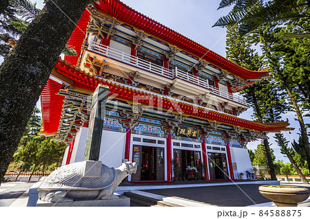 Building view of Xuanzang Temple in Sun Moon Lake of Nantou, Taiwan. The structure is modeled after ancient halls and rooms of the Tang dynasty. 84588875