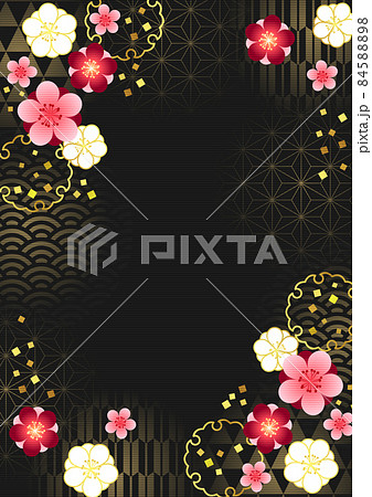金箔文様と雪輪と赤の和花背景タテ・黒 84588898