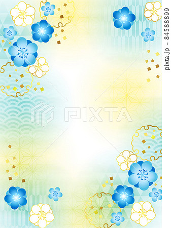 ほわほわ文様と雪輪と青の和花背景タテのイラスト素材 8459