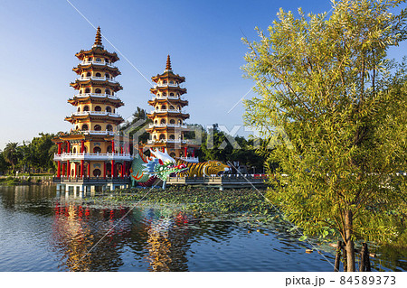 Architecture view of the Dragon and Tiger Pagodas in Lotus Pond of Kaohsiung, Taiwan. it is a temple located at Lotus Pond in Zuoying District, Kaohsiung, Taiwan.  84589373