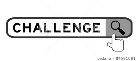 Search banner in word challenge with hand over magnifier icon on white background 84591081
