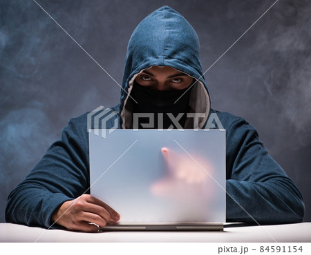 Computer hacker working in dark room Computer hacker working in dark room 84591154
