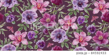 Floral pattern, depicting an orchid, anemone, hellebore, pansies. Watercolor illustrations 84592433