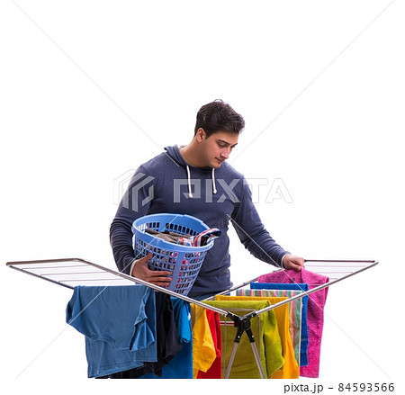Husband man doing laundry isolated on white 84593566