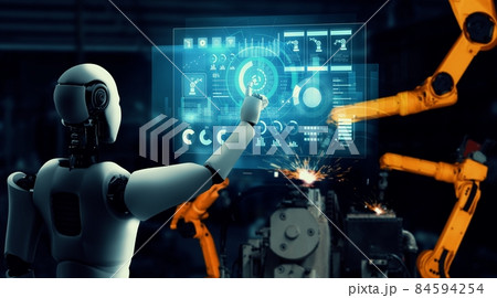 Mechanized industry robot and robotic arms for assembly in factory production . Mechanized industry robot and robotic arms for assembly in factory production . 84594254