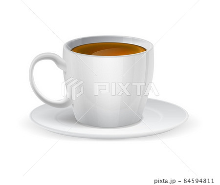 Realistic white porcelain cup with coffee drink. Ceramic mug and saucer. Morning caffeine beverage serving. Side view of isolated tableware for espresso. Vector cafeteria menu element Realistic white porcelain cup with coffee drink. Ceramic mug and saucer. Morning caffeine beverage serving. Side view of isolated tableware for espresso. Vector cafeteria menu element 84594811