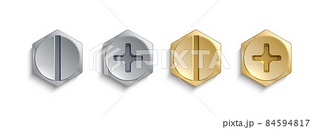 Realistic metal screw. Steel bolt heads. 3D metallic fasteners. Repair and build hardware tools. Polygonal self-tapping nails with cross and line carving. Vector construction bolts set Realistic metal screw. Steel bolt heads. 3D metallic fasteners. Repair and build hardware tools. Polygonal self-tapping nails with cross and line carving. Vector construction bolts set 84594817
