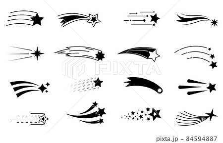 Shooting star icon. Black silhouette symbol of flying meteor with trail. Abstract fantasy comet. Night sky falling asteroid. Meteorite motion. Vector firework or space elements set Shooting star icon. Black silhouette symbol of flying meteor with trail. Abstract fantasy comet. Night sky falling asteroid. Meteorite motion. Vector firework or space elements set 84594887
