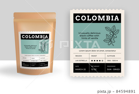 Coffee package with label. Food bag realistic mockup with product sticker. Brand paper emblem. Grid layout with place for text. Arabica roasted bean packaging. Vector espresso zip pack Coffee package with label. Food bag realistic mockup with product sticker. Brand paper emblem. Grid layout with place for text. Arabica roasted bean packaging. Vector espresso zip pack 84594891