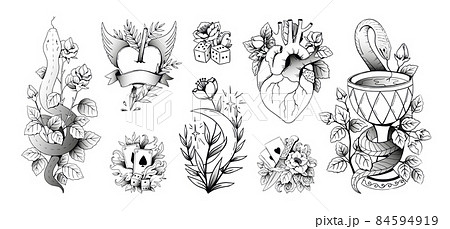 Tattoo art. Old school retro body prints design with knife and roses. Isolated anchor or cross tattooing. Playing cards and gambling dice. Vector black traditional ink drawings set Tattoo art. Old school retro body prints design with knife and roses. Isolated anchor or cross tattooing. Playing cards and gambling dice. Vector black traditional ink drawings set 84594919