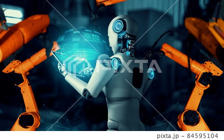 Mechanized industry robot and robotic arms for assembly in factory production . 84595104