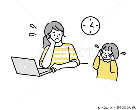 育児のイラスト(考え事、上の空、やる気、倦怠感、疲れ、忙しい、子供、泣く、テレワーク)  84595696