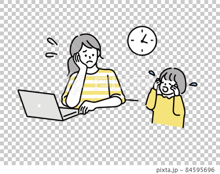 育児のイラスト(考え事、上の空、やる気、倦怠感、疲れ、忙しい、子供、泣く、テレワーク)  84595696