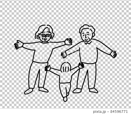 帰省　おじいちゃんおばあちゃん　祖父母　孫　お迎え　子供　後ろ姿　イラスト　 84596771